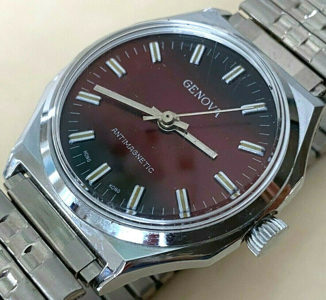 Vintage Genova Mens Silver Brown Stretch Band Hand-Wind Mechanical Watch Hours