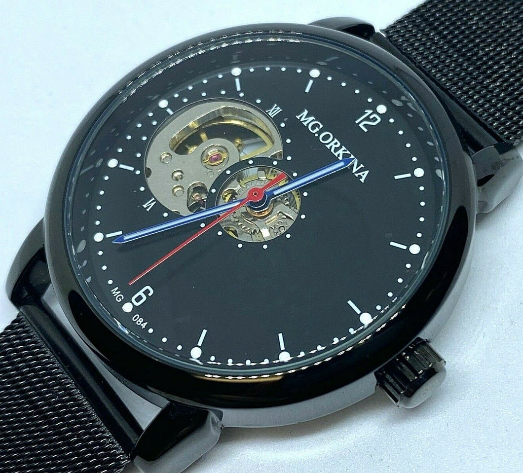 Clean MG. Orkina Men Black Skeleton Mesh Band Self-Wind Automatic Watch Hours