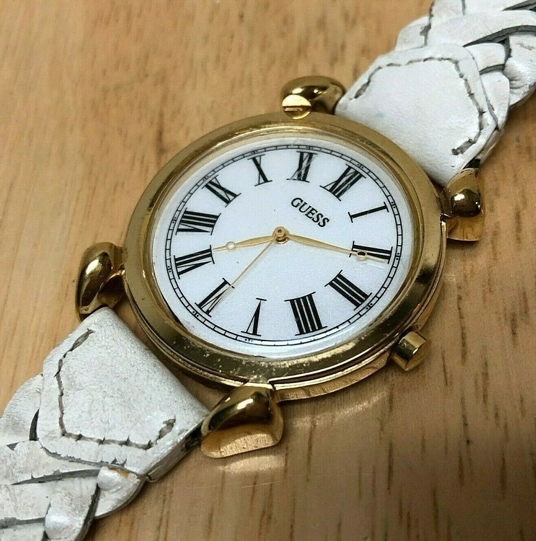 Vintage Guess Mens Gold Tone Leather Roman Analog Quartz Watch Hours~New Battery