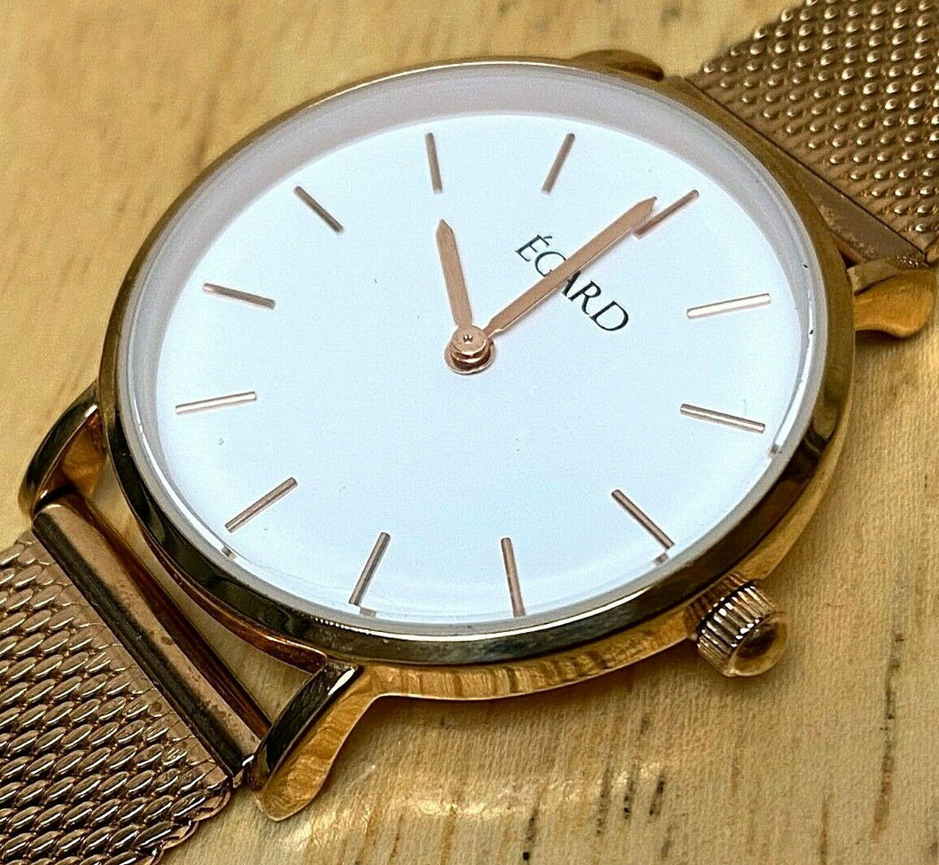 EGARD Men Lady Rose Gold White Mesh Steel Analog Quartz Watch Hours~New Battery