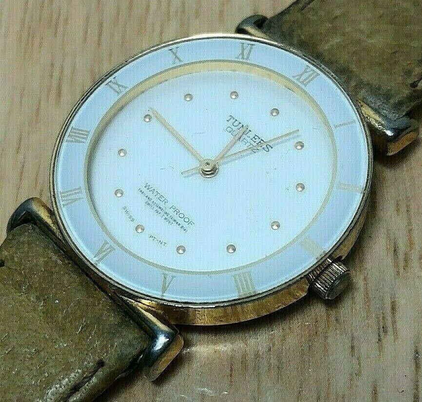 Vintage Tunlees Swiss Parts Roman Leather Analog Quartz Watch Hours~New Battery