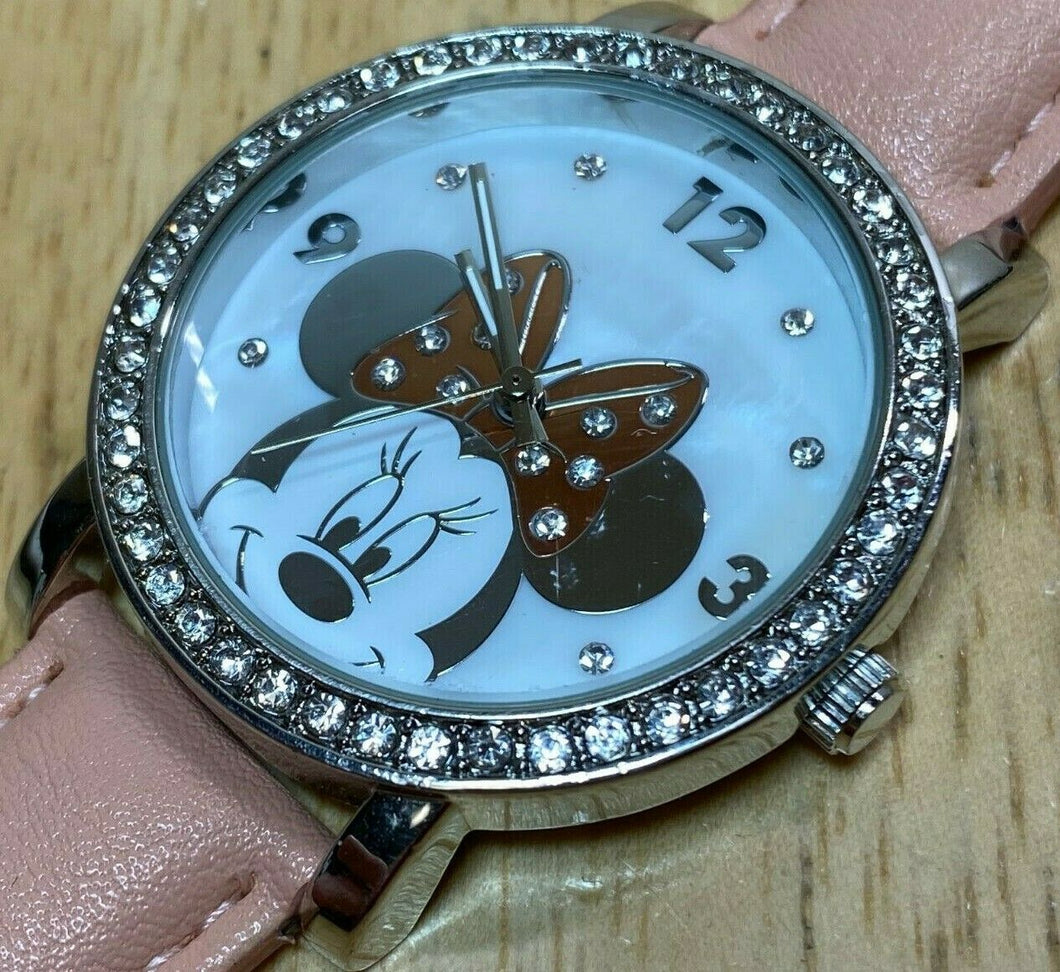 Disney Mickey Accutime Rhinestone Leather Analog Quartz Watch Hours~New Battery