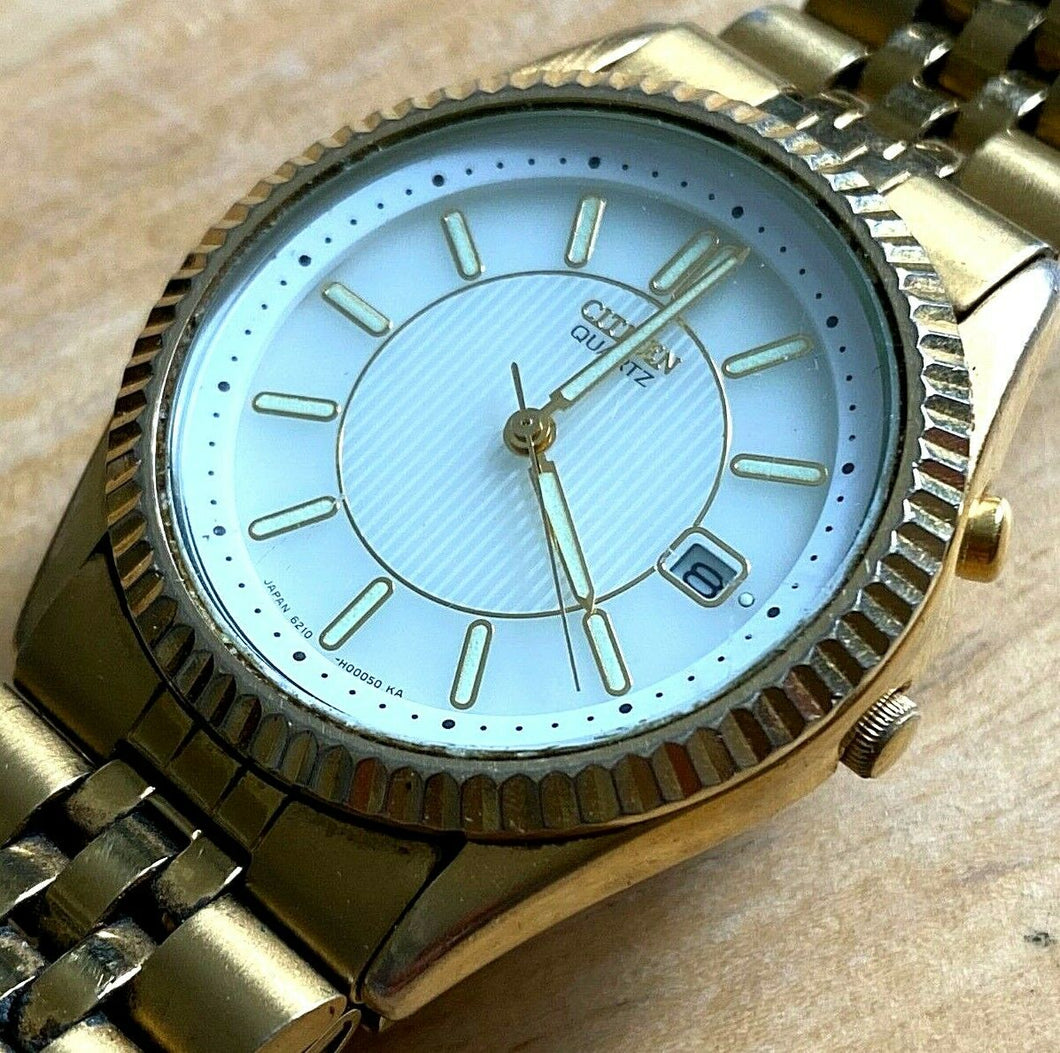 Vintage Citizen Mens Fluted Bezel Luminous Analog Quartz Watch Hours~New Battery