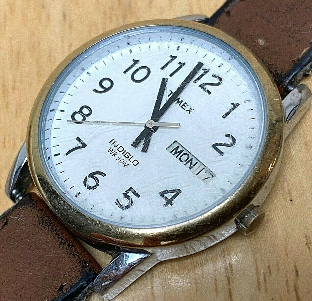 Timex Indiglo Mens 30m Dual Tone Analog Quartz Watch Hours~Day Date~New Battery