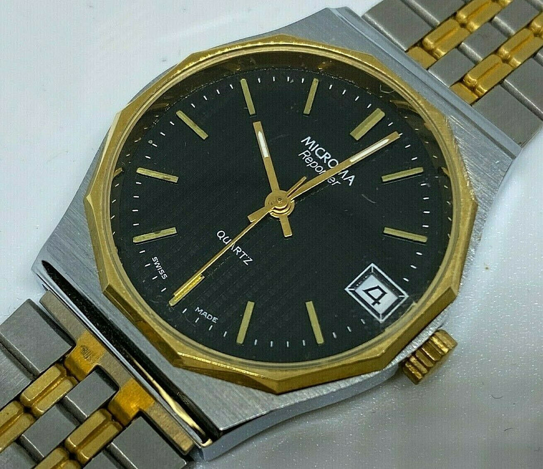 Vintage Microma Reporter Mens Dual Tone Swiss Analog Quartz Watch Hours~New Batt