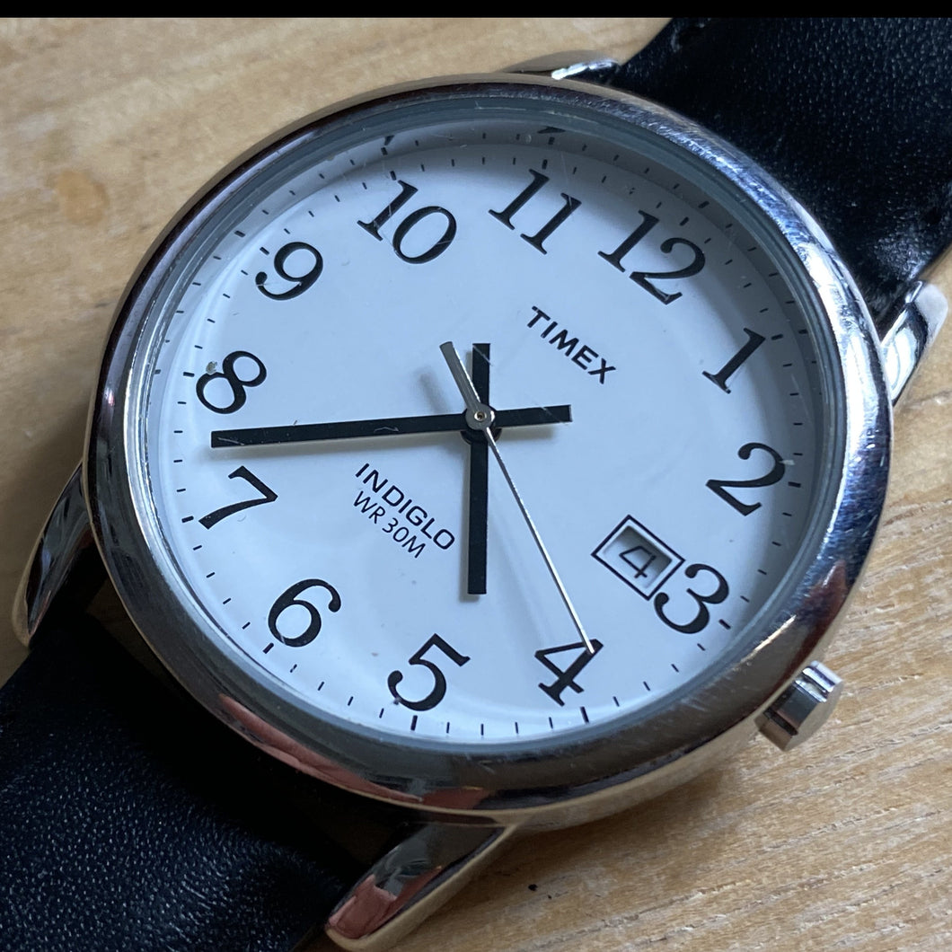 Timex Indiglo Mens 30m WR Classic Silver White Leather Analog Quartz Watch Hours~Date~New Battery